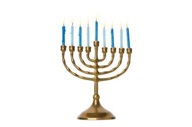 Altın Menorah, Hanuka için dokuz mavi mum tutuyor, izole edilmiş, PNG