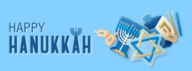 Geleneksel Hanuka sembolleri. Menora ve dreidels de dahil.