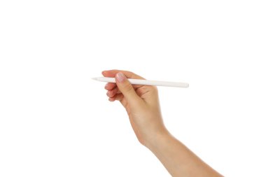 Düz bir arkaplanda beyaz bir kalemi kavrayan, izole, PNG