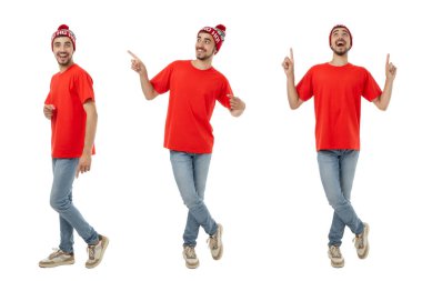Set, kırmızı gömlekli neşeli genç adam ve yeni yıl şapkası, izole edilmiş, PNG