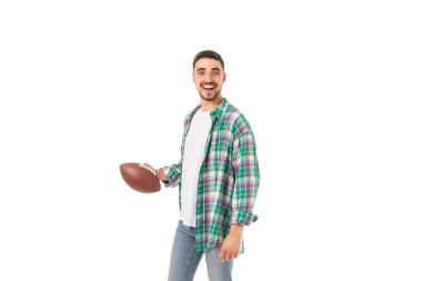 Gülen adam futbol oynamaya hazır, izole, PNG