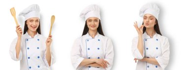 Set, kadın aşçı şapkası takarken spatulayla yemek pişiriyor, PNG