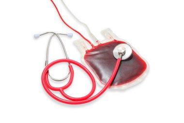 Beyaz arka planda steteskopa bağlı kan torbası, PNG
