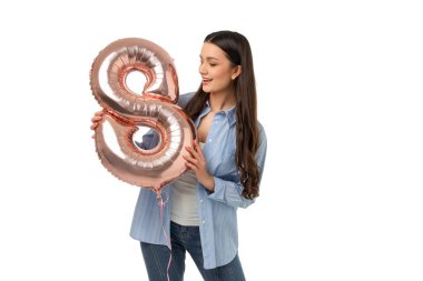 Kadınlar Günü: Balonlu, izole edilmiş, PNG 'li genç bir kadın