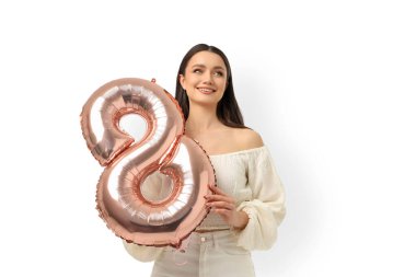 Kadınlar Günü için balonu olan genç bir kadın, izole edilmiş, PNG