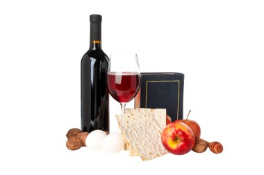 Fısıh bayramı şarap, matza, elma ve yumurta içerir, izole, PNG