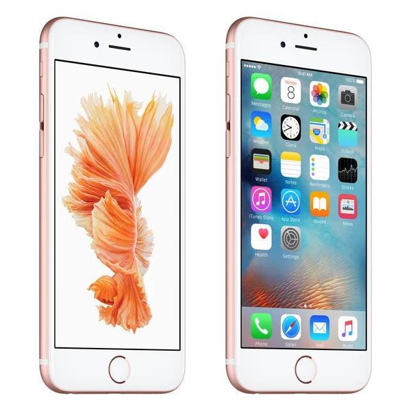 Rose guld Apple iphone 6s roteras något framifrån med ios 9 — Stockfoto