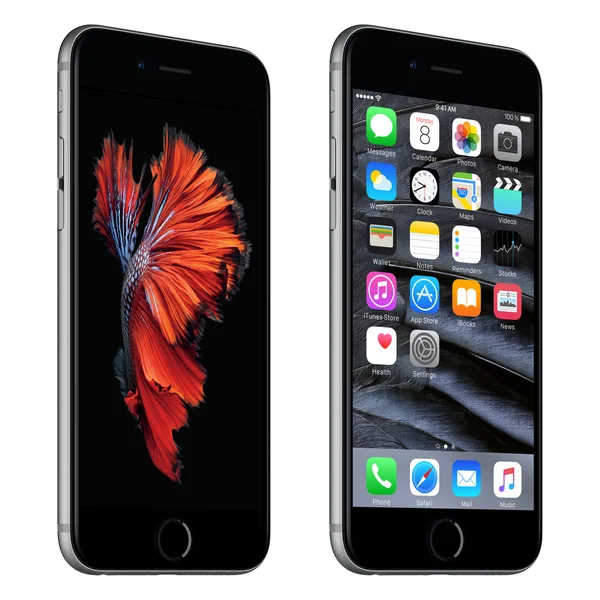 Espacio gris Apple iPhone 6s vista frontal ligeramente girado con iOS — Foto de Stock