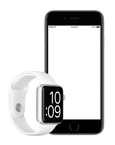 Espacio gris Apple iPhone 6s y plata Apple Watch Sport maqueta — Foto de Stock