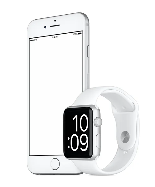 Silver Apple iphone 6s och Silver äpple Watch Sport mockup — Stockfoto