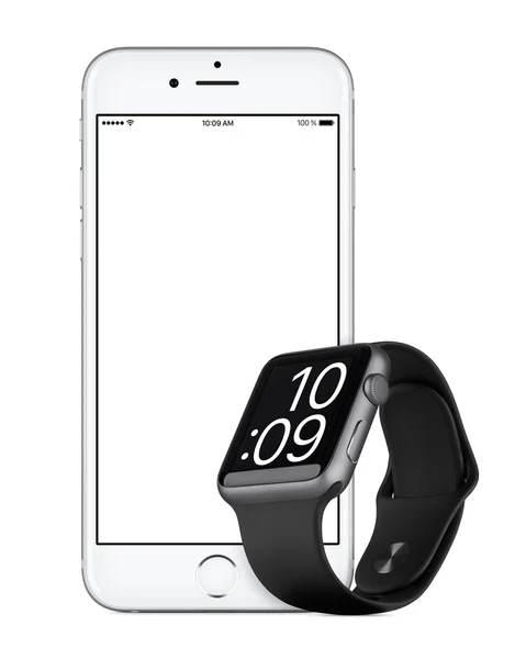 Srebrne jabłko iphone 6s i makieta przestrzeń szary zegarek Apple Watch Sport — Zdjęcie stockowe