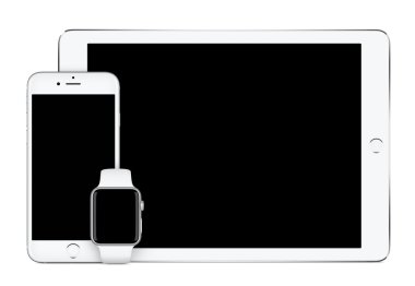 Gümüş elma ipad Pro iphone 6s ve Apple Watch mockup 