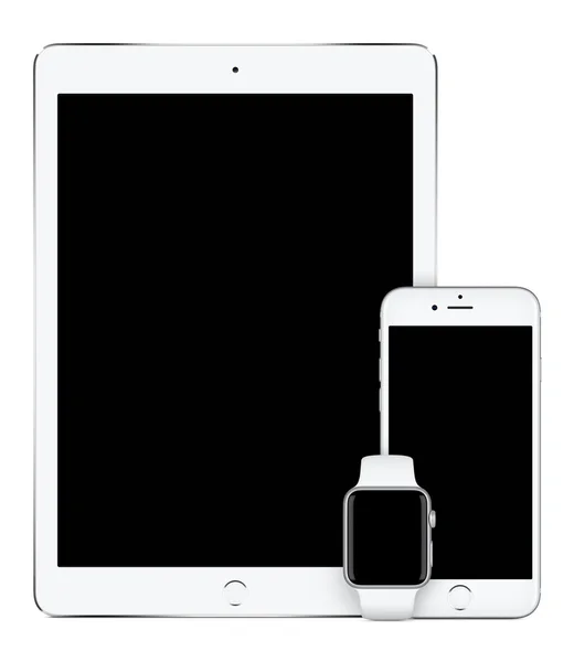 リンゴ銀 ipad Pro iphone 6 s と Apple Watch 垂直モックアップ — ストック写真