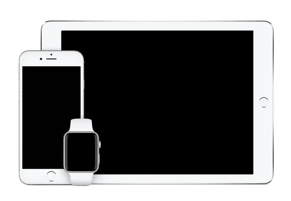 Maçã prata iPad Pro iPhone 6S e Apple Watch maquete — Fotografia de Stock