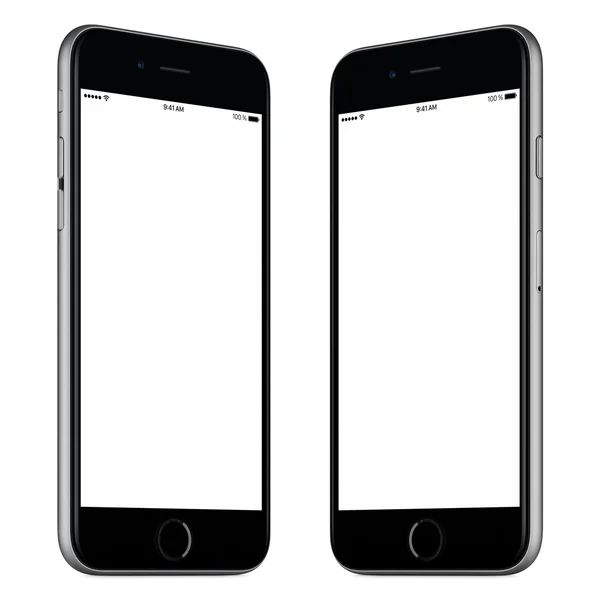 Negro mockup smartphone similar a iPhone giró ligeramente ambos lados —  Fotos de Stock