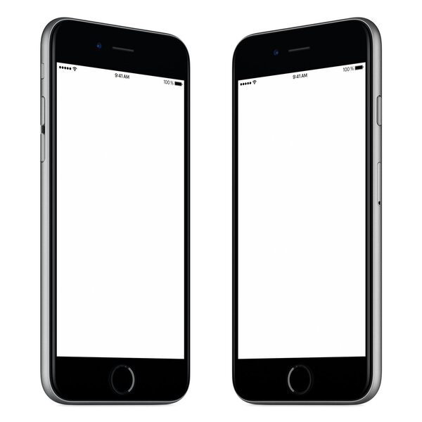 Черный макет смартфона, похожий на iPhone, слегка повернулся с обеих сторон
 