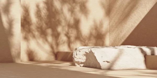葉の影を持つベージュの壁に石板の表彰台 — ストック写真