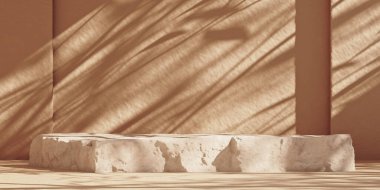 Beyaz taş ürün podyumu bej duvarda