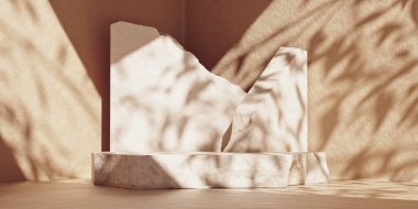 3D beyaz taş ambalaj ve kozmetik sunumu için podyum oluşturdu