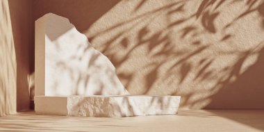 Bej arkaplan duvarında 3B taş podyum görüntüsü
