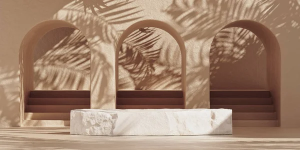 Piédestal en pierre naturelle podium avec feuilles de palmier ombre Images De Stock Libres De Droits