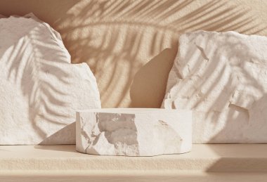 Duvarında palmiye gölgesi olan en az taş podyum manzarası.