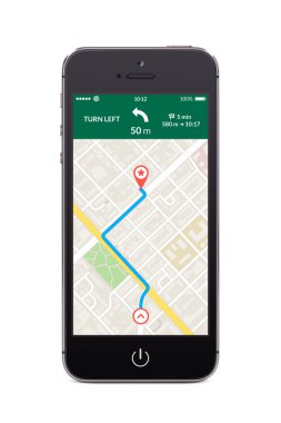 Siyah akıllı telefon harita gps navigasyon uygulaması ile Önden Görünüm t