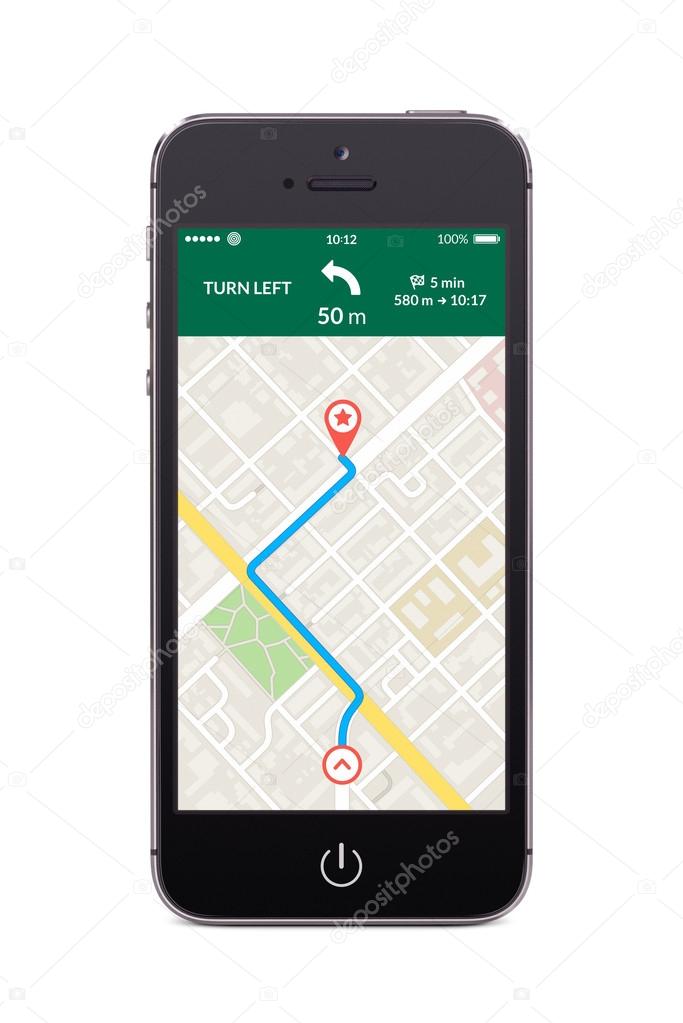 Front view of black smart phone with map gps navigation app on t