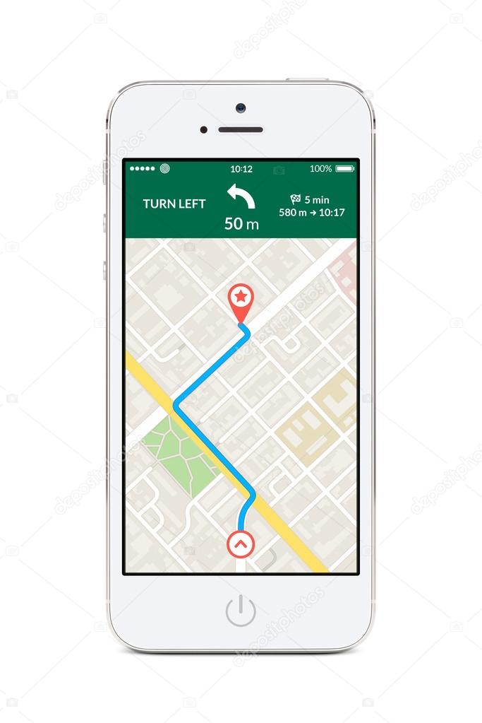 Front view of white smart phone with map gps navigation app on t