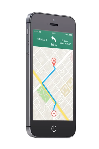Preto moderno telefone inteligente móvel com aplicativo de navegação gps mapa em t — Fotografia de Stock
