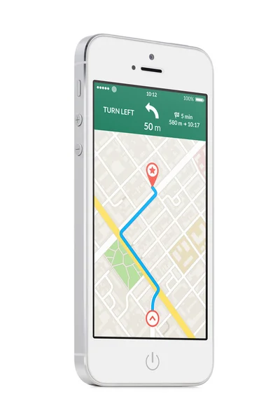 Blanco teléfono inteligente móvil moderno con aplicación de navegación GPS mapa en t — Foto de Stock