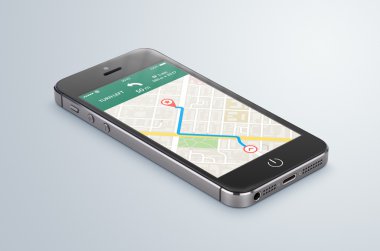 Siyah telefon smartphone harita gps navigasyon uygulama ile yatıyor 