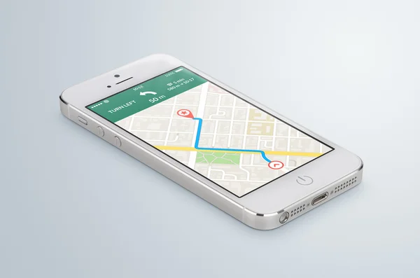 Teléfono inteligente móvil blanco con aplicación de navegación mapa gps se encuentra en el — Foto de Stock