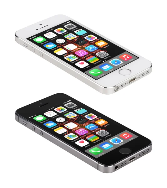 Apple Space Gray and Silver iPhone 5S displaying iOS 8, designed — Stock Photo, Image