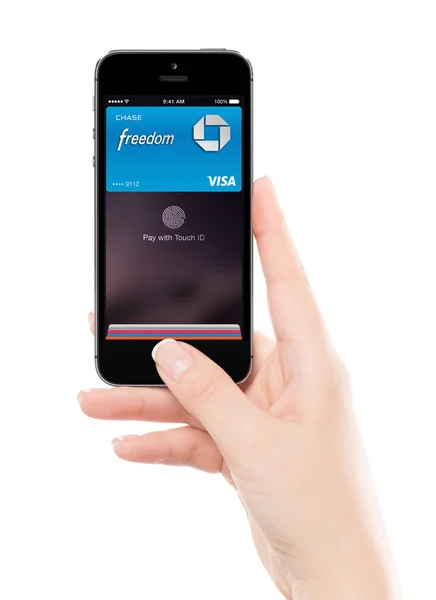 Touch id Tecnologia Apple Pay no Apple Space Gray iPhone 5S in f — Fotografia de Stock