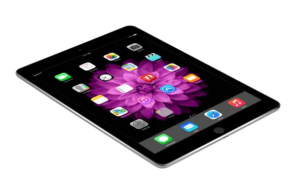 Apple Space Gray iPad Air 2 with iOS 8 lies on the surface, desi — Stock Photo, Image
