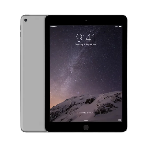 Apple Space Gray iPad Air 2 with iOS 8 with lock screen on the d — Stock Photo, Image