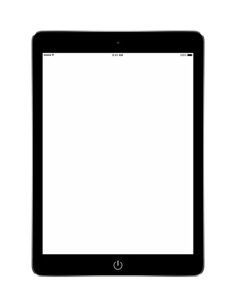 Frontansicht eines schwarzen Tablet-Computers mit leerem Bildschirm-Attrappe — Stockfoto