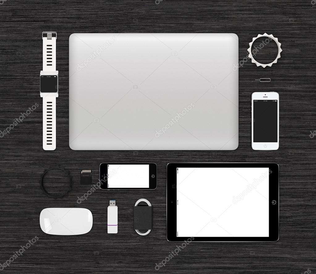 Top view of tech gadgets mock up for branding identity on black