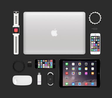 Apple ürünleri teknik mockup oluşan macbook pro, ipad air 2, ben