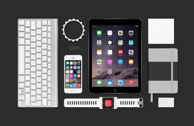 Apple ürünleri mockup ipad air 2, iphone 5'ler, klavye oluşan