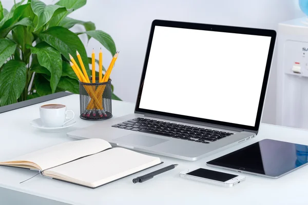 Laptop mockup with tablet computer smartphone and notebook — Stock Photo, Image