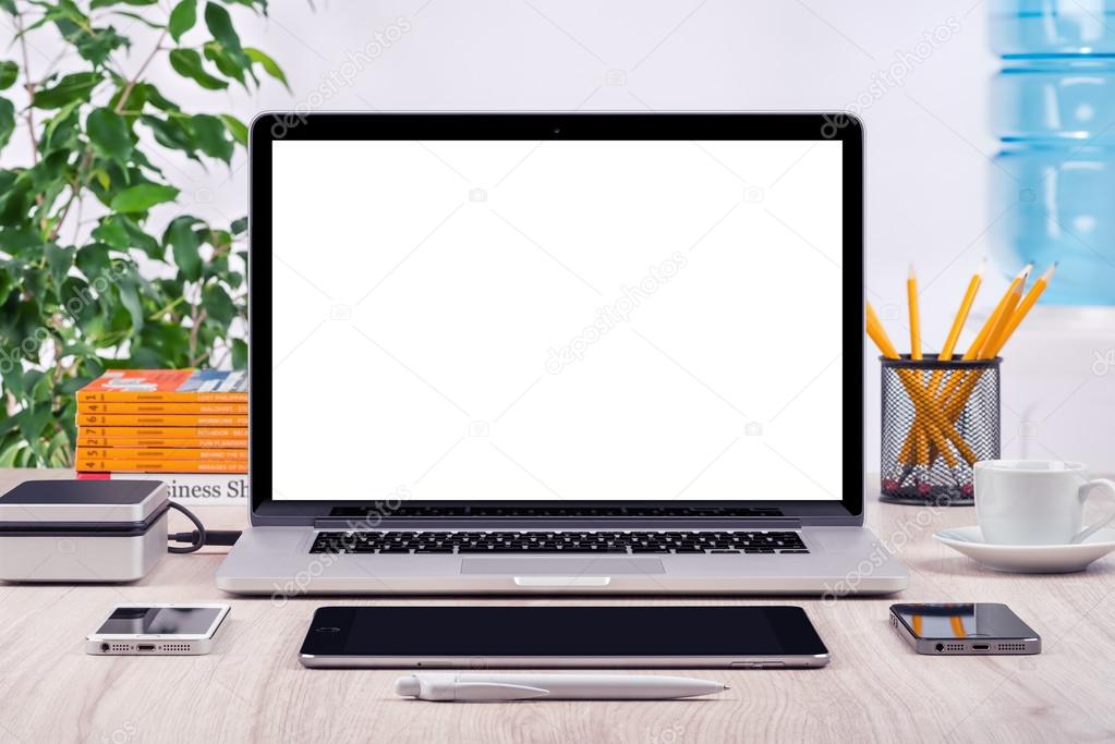 Workplace with open laptop mockup different gadgets