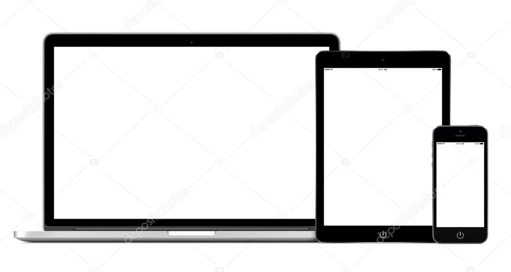 Open laptop with digital tablet and smartphone mockup