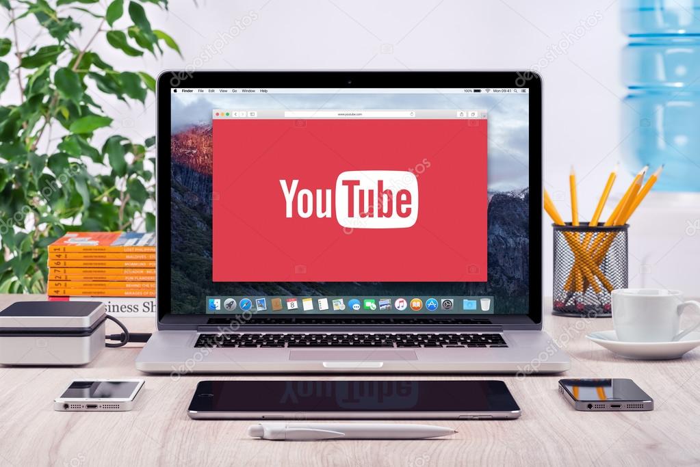 YouTube logo on the front view Apple MacBook Pro screen. YouTube presentation concept. YouTube is a video-sharing site allows users to upload, view, and share videos. Varna, Bulgaria - May 31, 2015.
