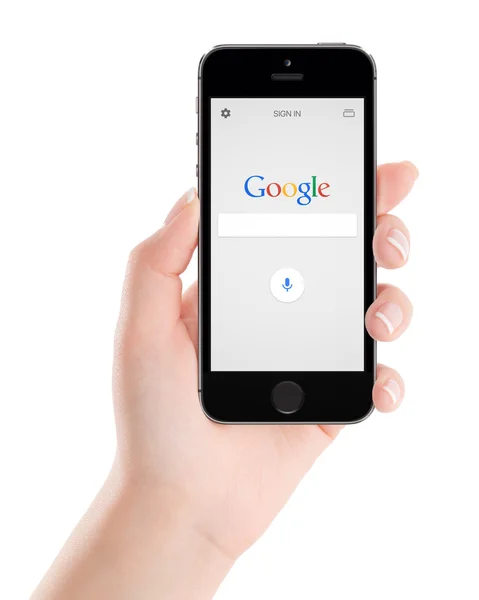 Η εφαρμογή αναζήτησης Google για το μαύρο iphone της Apple 5s Εμφάνιση — Φωτογραφία Αρχείου