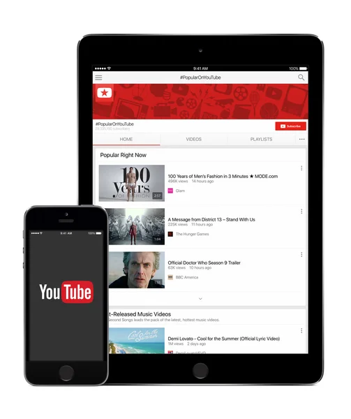 YouTube-program på Apple ipad Air 2 och iphone 5s display — Stockfoto