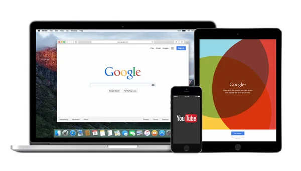 Ustaw Google produkty wielu urządzeń z wyszukiwarki Google Youtube i Google Plus Zdjęcie Stockowe