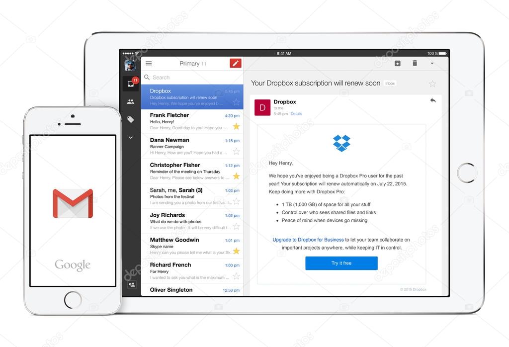 Varna, Bulgaria - February 02, 2015: Google Gmail app on the white Apple iPad in landscape orientation and Gmail app logo on the iPhone in portrait orientation. Isolated on white background.