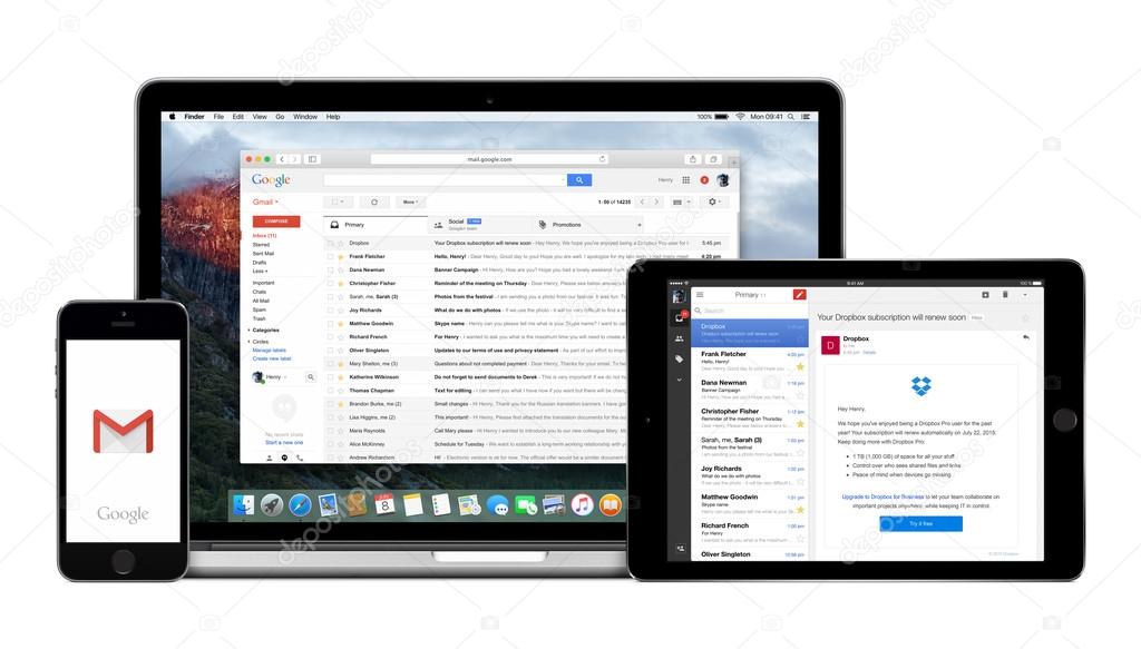 Varna, Bulgaria - February 02, 2015: Google Gmail app on the Apple iPhone iPad displays and desktop version of Gmail on the Macbook Pro. Gmail is a free e-mail service. Multiple devices kit.